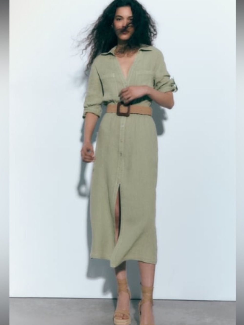 Zara Light Olive Green Button-Front Midi Dress with Belt